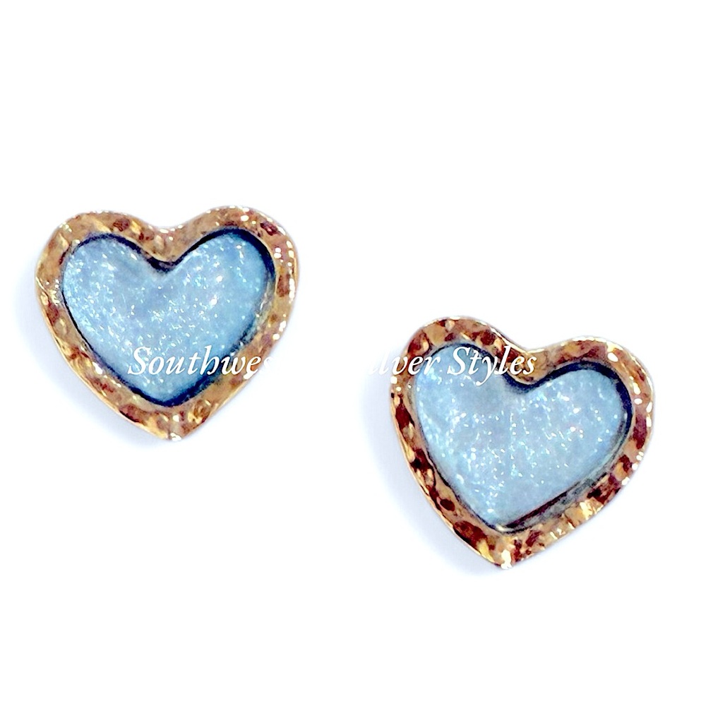 NEW Gold Tone Hammered Metal Icy Blue Shimmering Agate Insert Post Earrings